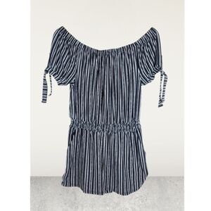 Derek Heart Romper Women Large Off Shoulders Black White Stripes Pockets